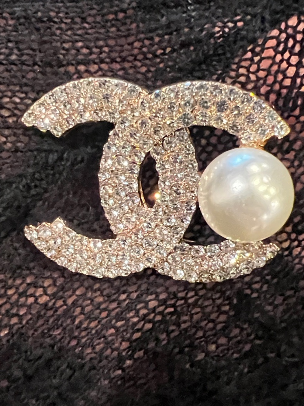 Chanel-Inspired Crystal CC Logo Brooch with Pearl Accent - Gold Tone